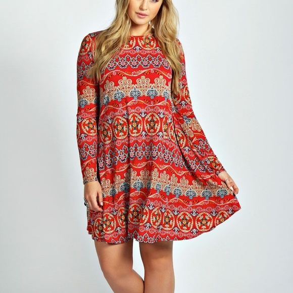 Plus Size Boohoo Long Sleeved Paisley Swing Dress